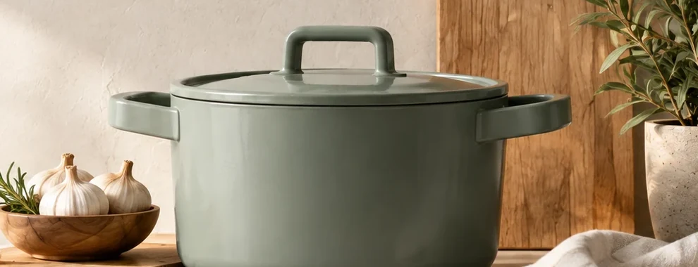 Close-up peralatan masak berwarna sage